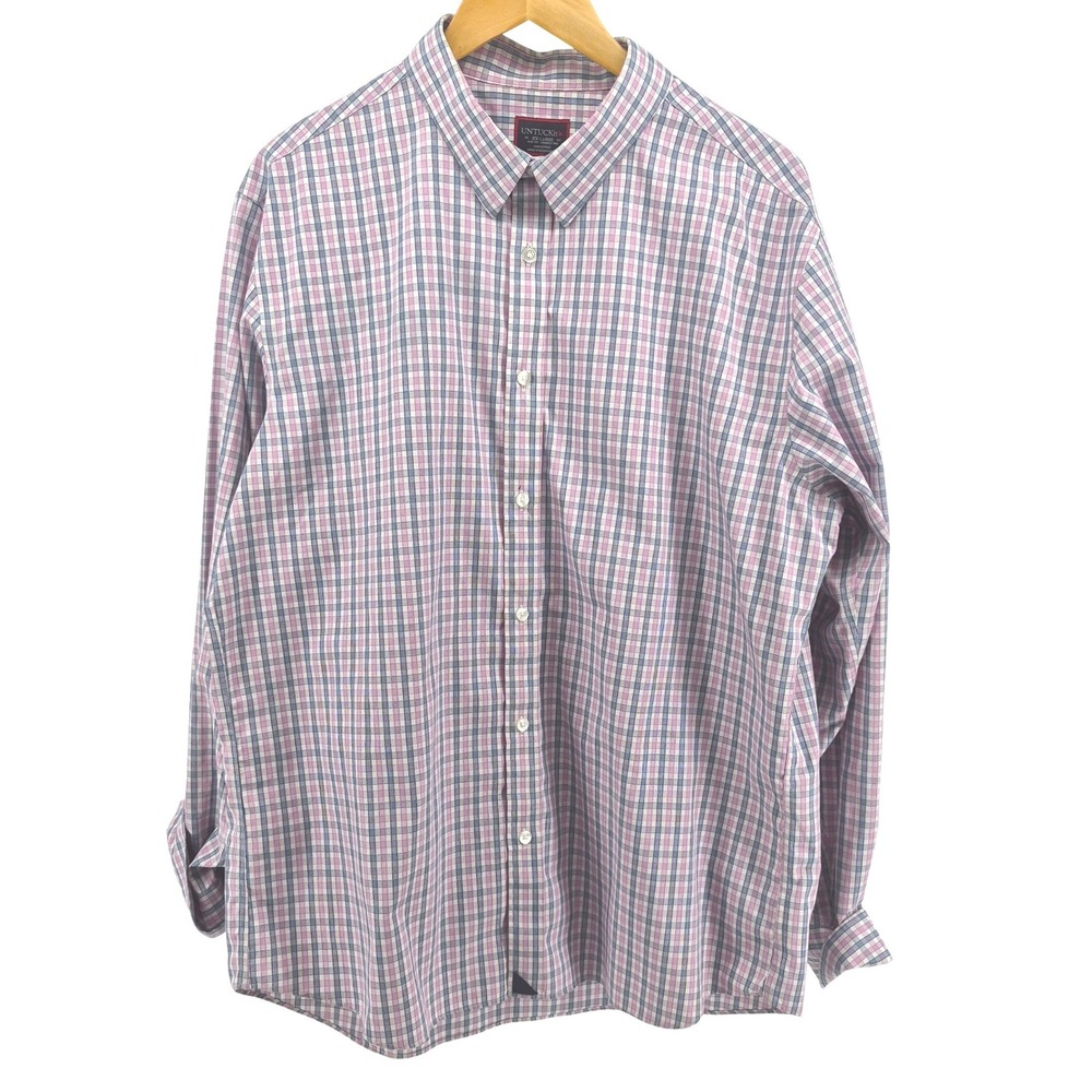 UNTUCKit Dolcetto Men's XXL Slim‎ Fit Pink Blue Plaid Wrinkle-Free Cotton Shirt